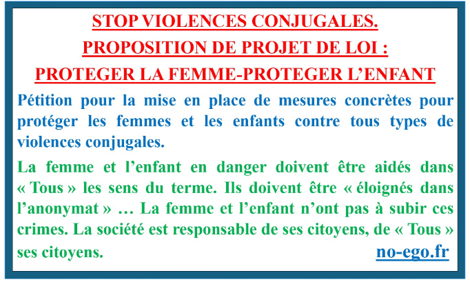 Stop aux violences conjugales, proposition de projet de loi :  protéger la femme et l'enfant