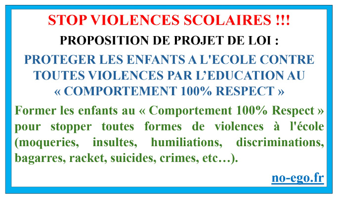 STOP VIOLENCES SCOLAIRES!!! PROPOSITION PROJET DE LOI: EDUCATION COMPORTEMENT 100% RESPECT