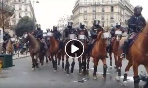 La police montée en plein Paris lors du mouvement des gilets jaunes sous un nuage de gaz lacrymogène